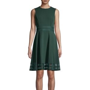 Calvin Klein Green Mesh Illusion Hem Fit Flare Stretch Sleeveless Dress Size 16
